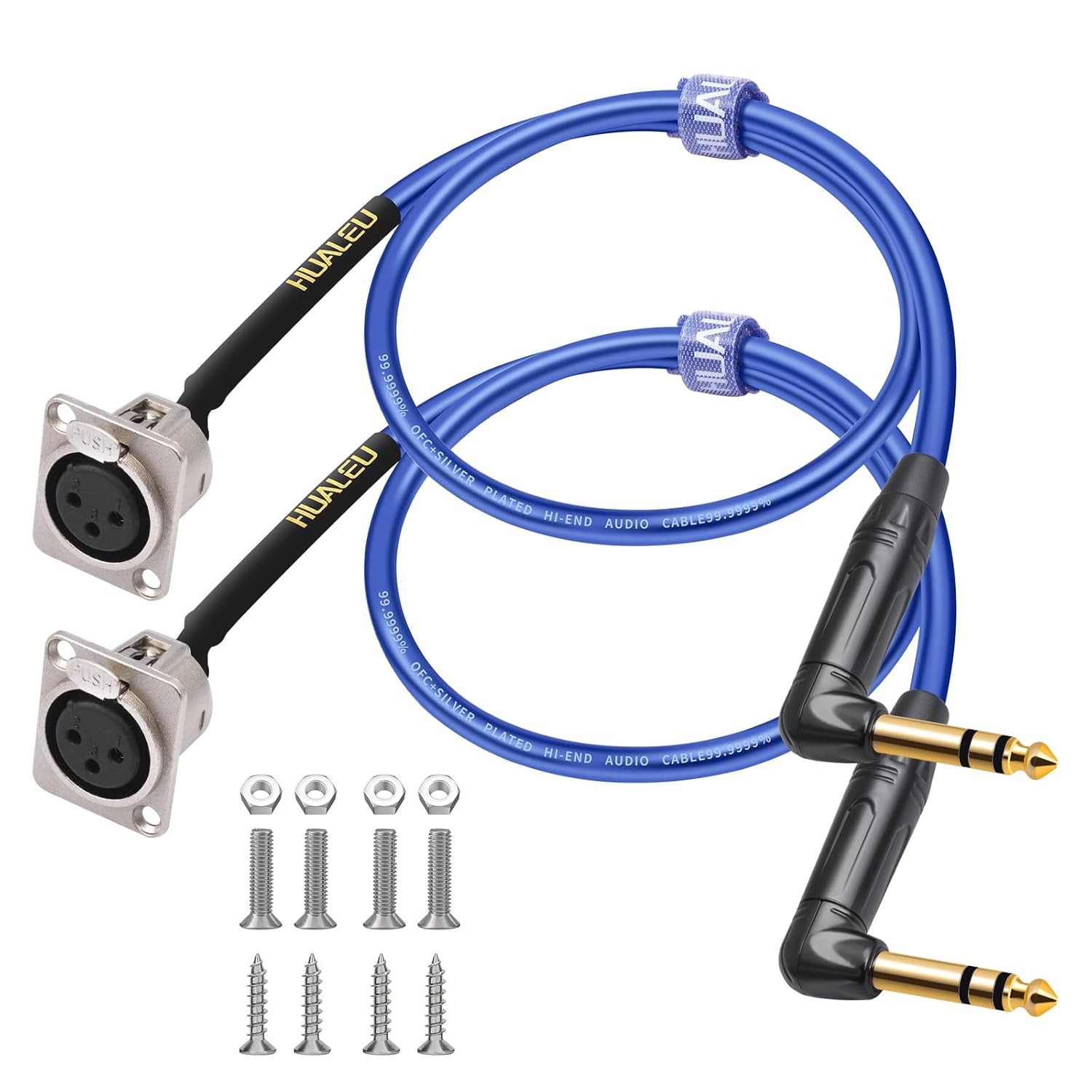 2FT 1/4 to XLR Pass Through Cable,D Type 3Pin XLR Female to Right Angle 6.35mm TRS Male Patch Panel,Floor Box cable-20AWG Silver-Plated Copper Conductor,Included with mounting screws-2Pack