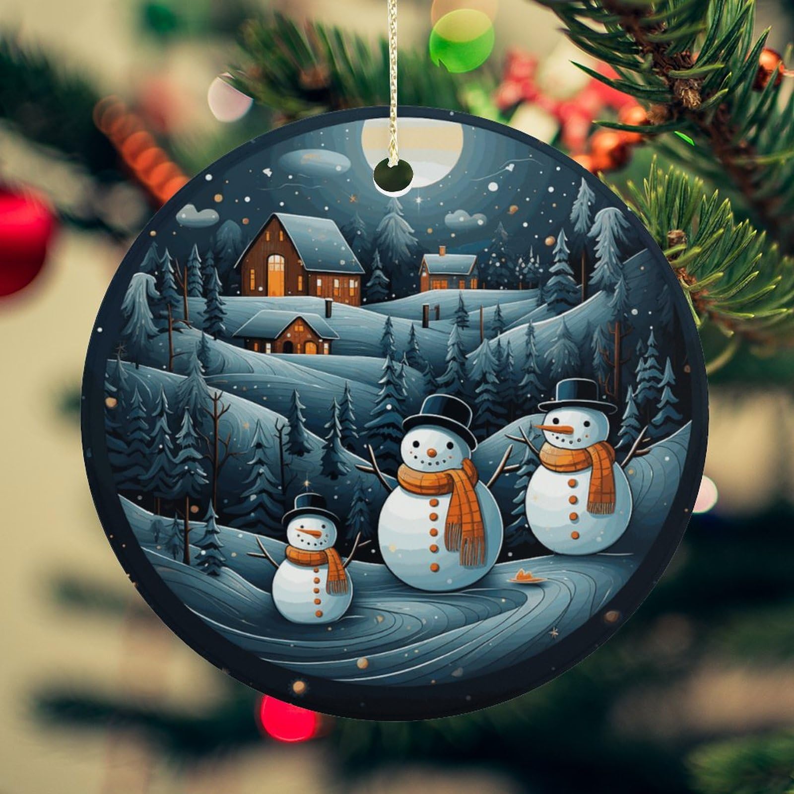 Christmas Santa Penguin Christmas Ornament for Christmas Tree Ceramic Round Ornament Winter Holiday Keepsake Gift 2.7" Christmas Tree Hanging Decorations Circle Ceramic Pendant Xmas Gift