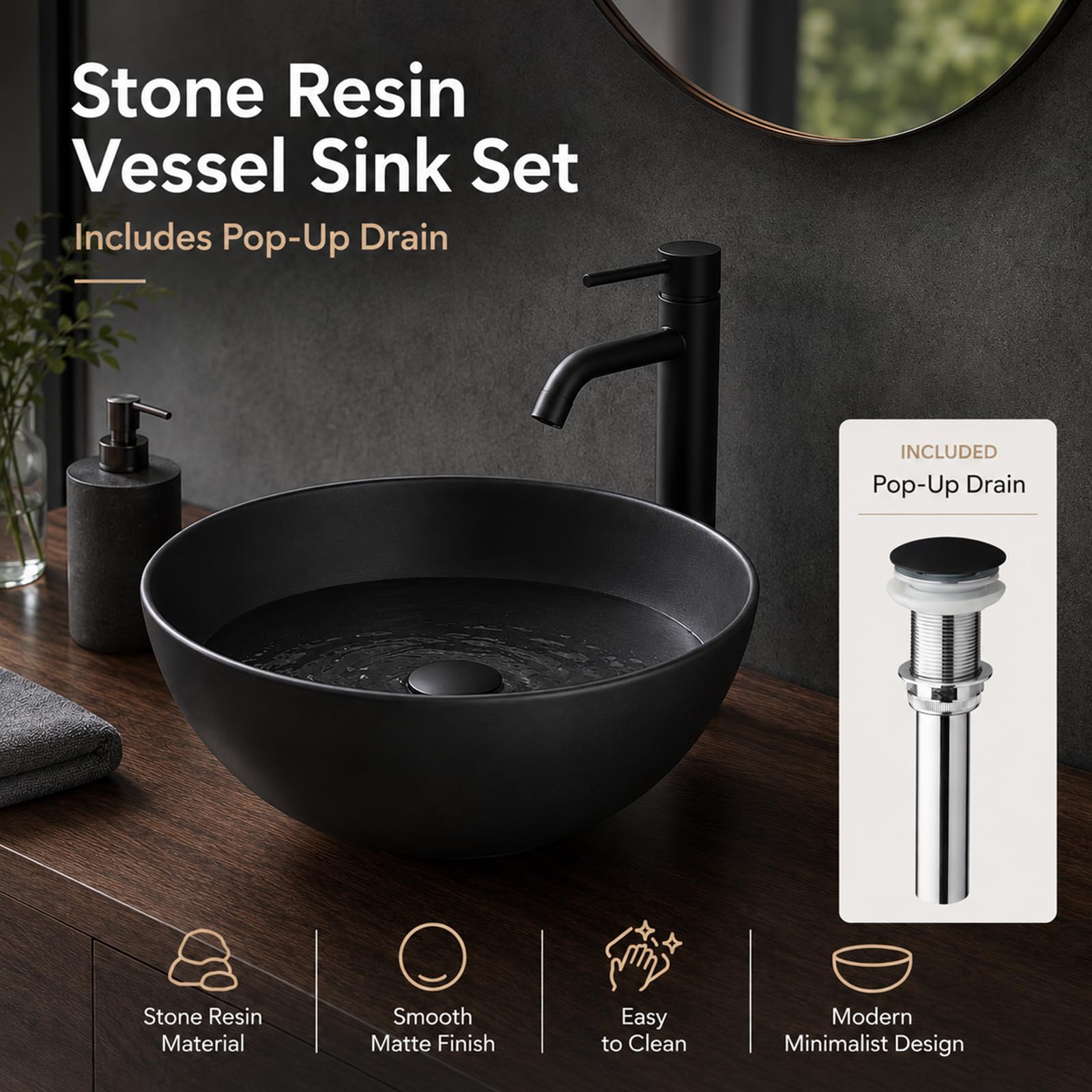 Lavabo de baño redondo negro – Lavabo de encimera de resina de piedra de 13 pulgadas con drenaje emergente, moderno lavabo de baño para el hogar y comercial