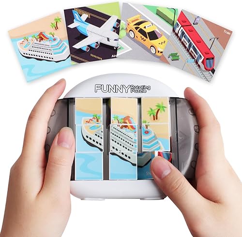 Fullware Rompecabezas giratorio 3D para niños de 3, 4, 5, 6, 7 años, 4 rompecabezas en 1, juego de mano juguetes antiestrés para viajes, autos y