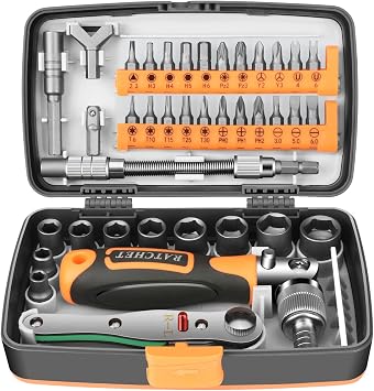 38 Pieces Socket Tools Set, Metric 1/4  Drive, Reversible Ratchet Set Tools Box, Car Tool Kit, hex Socket/Phillips/Slot bits 1/4 inch, Screwdriver Bit Sets