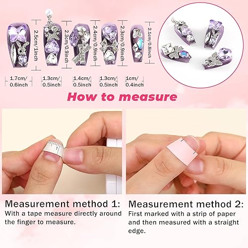 Miniatura 4 de Sethexy Uñas postizas de lujo con diamantes de imitación morados, hechas a mano, con cristales de corazón 3D, uñas largas a presión en forma de
