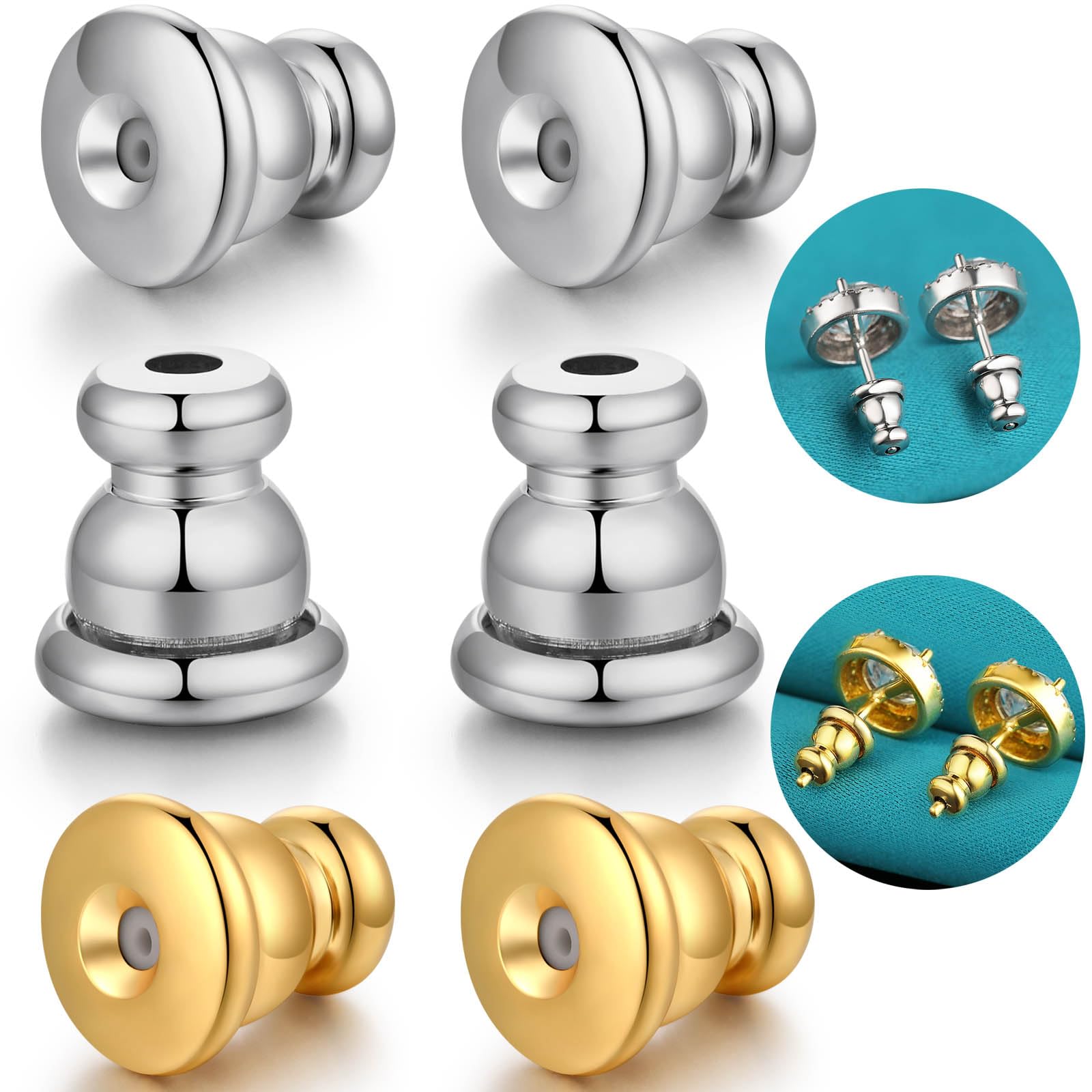 Earring Backs, Hypoallergenic 14k Gold Bullet Earring Backs Replacements for Studs/Droopy Ears, Secure Locking Backing for Sensitive Ears (Silver+Gold