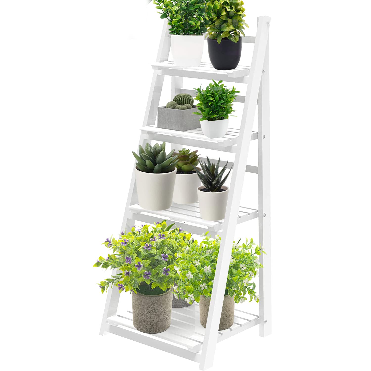 Masroo Plant Stand, 4 Tier Wooden Ladder Shelf Foldable Display Flower Plant Stands, Free Installation Plant Stands Indoor Corner Storage Shelves Bookshelf for Garden Balcony Living Room