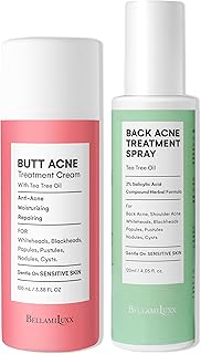 BellamiLuxx Body Acne Care Set: Butt Acne Treatment Lotion + Back & Body Acne Spray with 2% Salicylic Acid & Tea Tree Oil – Clears Breakouts, Soothes Redness & Prevents Bacne for Men, Women & Teens