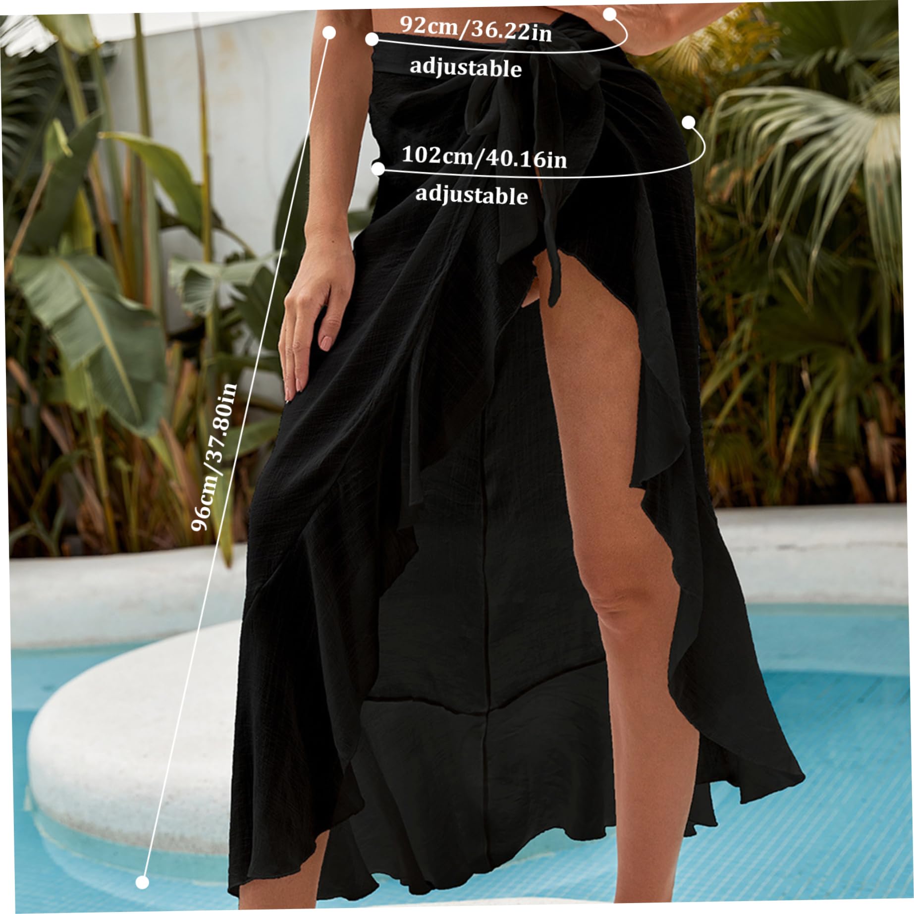 NIDONE Schwarze Sarong, Sarong -Wraps für Frauen Midi Ruffle Schwarz einstellbare Einheitsgröße Womens Beach Cover Up Bikini Badeanzug