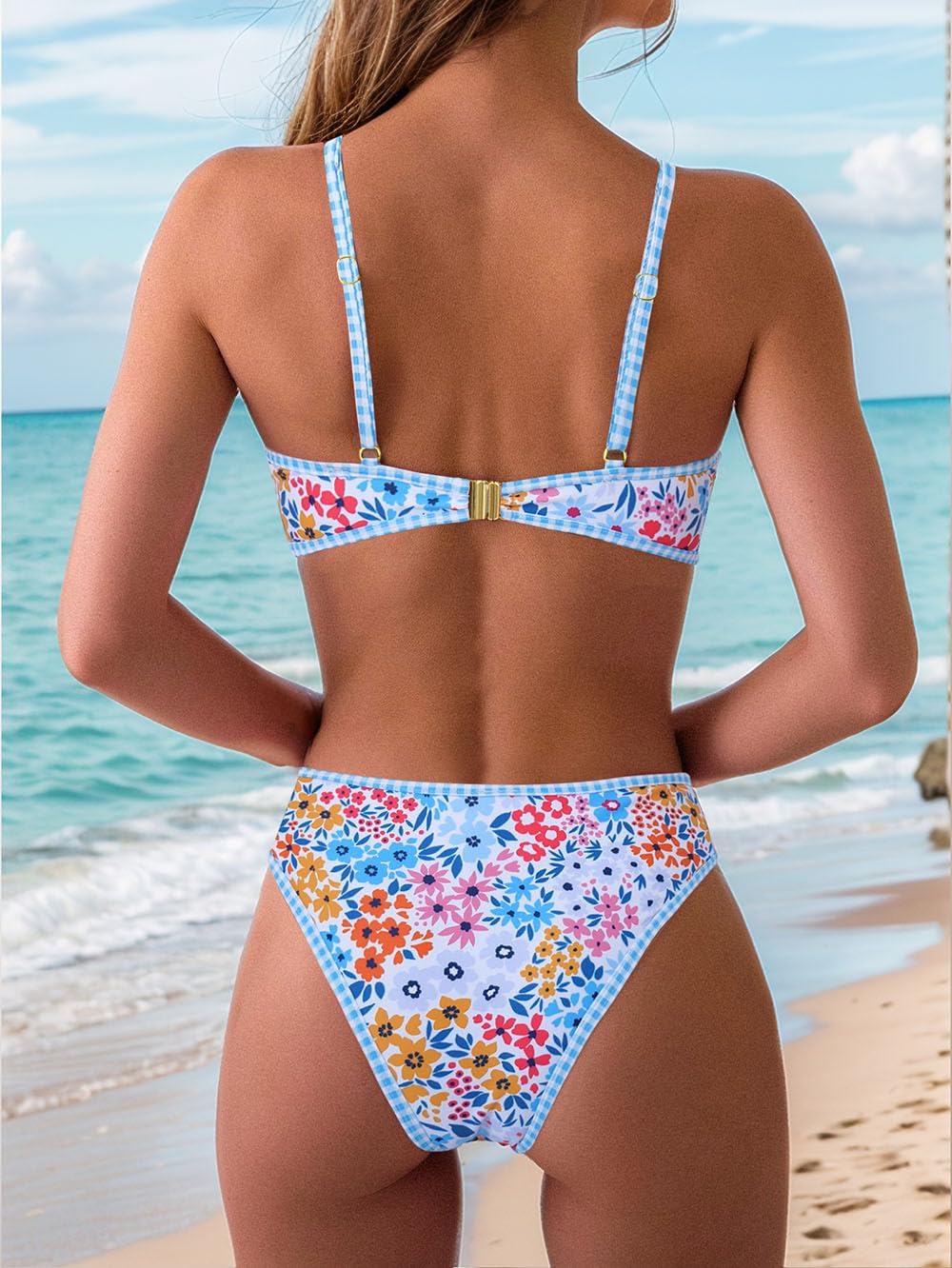 Tainehs Women's Two Piece Bikini Sets O Ring Front Top Ditsy Floral Triangle Swimsuits Cheeky Bathing Suit