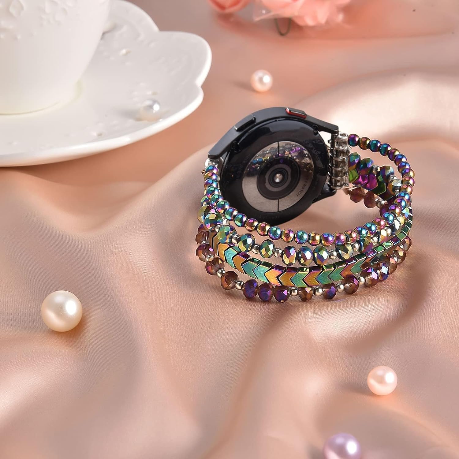 VISOOM Beaded Boho Bracelet Compatible for Samsung Galaxy Watch 8/7/6/5/4 40/44mm Bands/Active 2 Watch 4 Classic 42mm Band Women, 20mm Handmade Elastic Crystal Beads Bracelet for Galaxy Watch 5 pro - Image 2