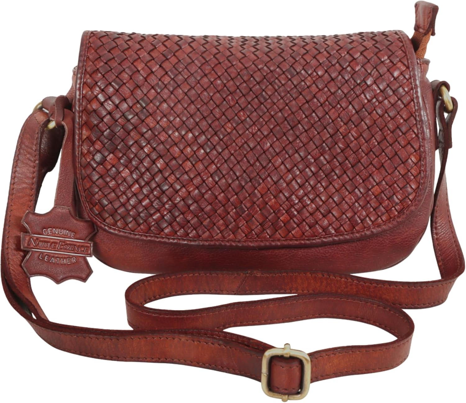 Hand Woven Leather Sling Bag for Women vintage Brown Saddle purse Small, size, Multi Pocket, Shoulder and Crossbody Sling with Adjustable Strap. Artisan crafted, Trendy, light, Stylish, Soft, Gift | Unique Square weaved