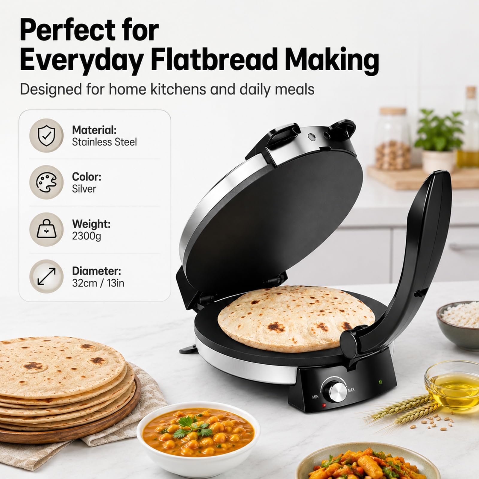 Máquina Eléctrica Roti 13", Prensa Antiadherente for Tortillas y Chapati | Máquina de Pan de Acero Inoxidable con Control de Temperatura for Auténticos Chapatis Indios y Tacos