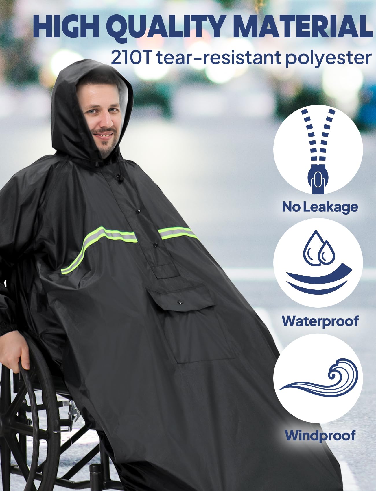 ANYOO Wodoszczelne ponczo na wózek inwalidzki z rękawami, lekkie ponczo przeciwdeszczowe Cape Shield z gumowymi taśmami zapewnia ochronę wózków inwalidzkich, rozmiar uniwersalny