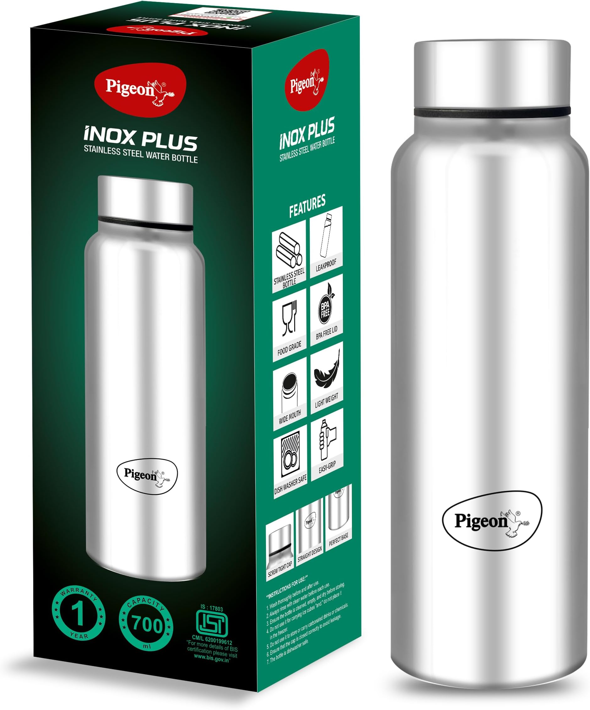 Pigeon by Stovekraft Inox Hydra Plus Stainless Steel Drinking Water Bottle 700 ml - Silver (1 year Warranty)