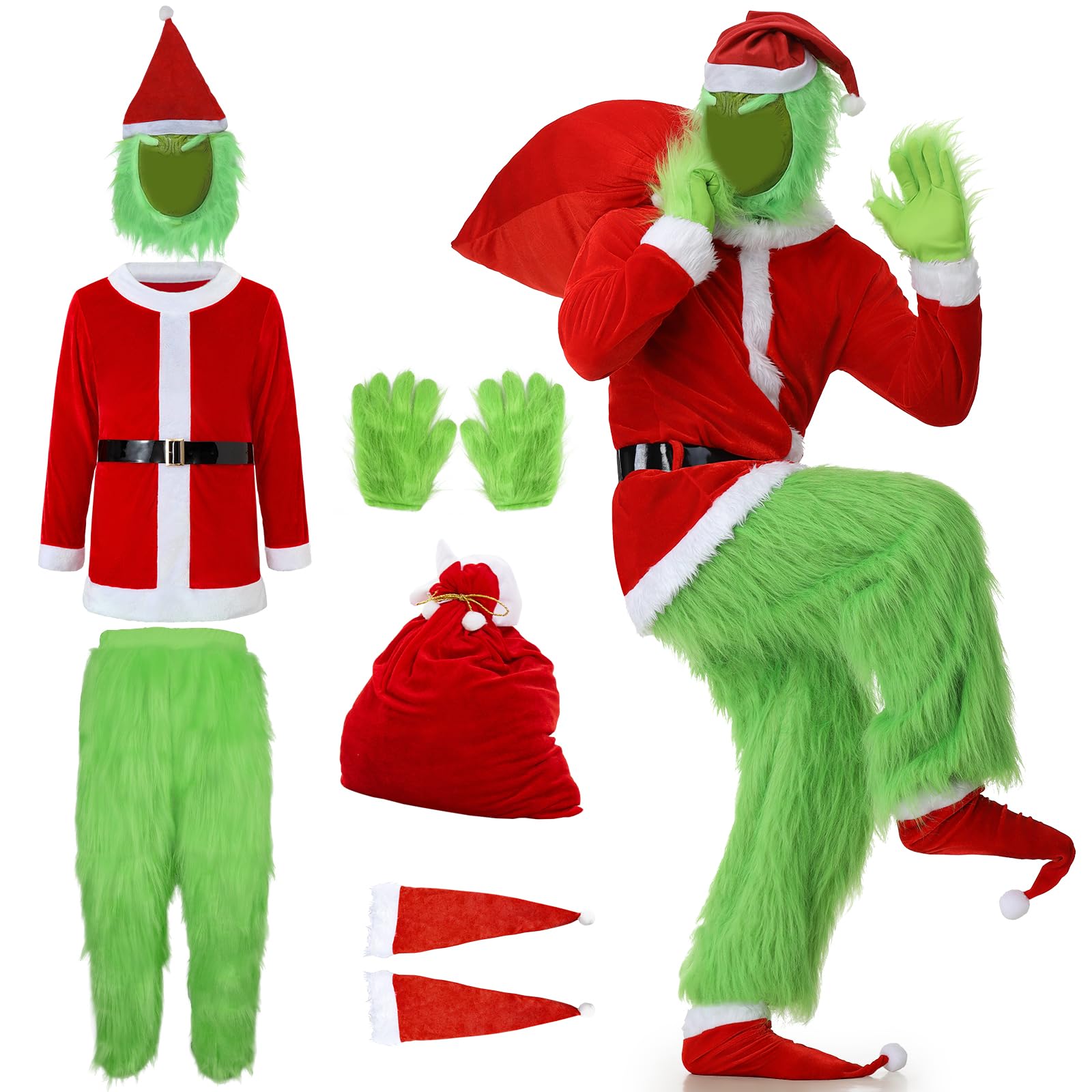 JONRRYIN Green Monster Costume Adult, 9 Pcs Deluxe Green Furry Santa Claus Costume Men Set with Mask for Christmas Cosplay