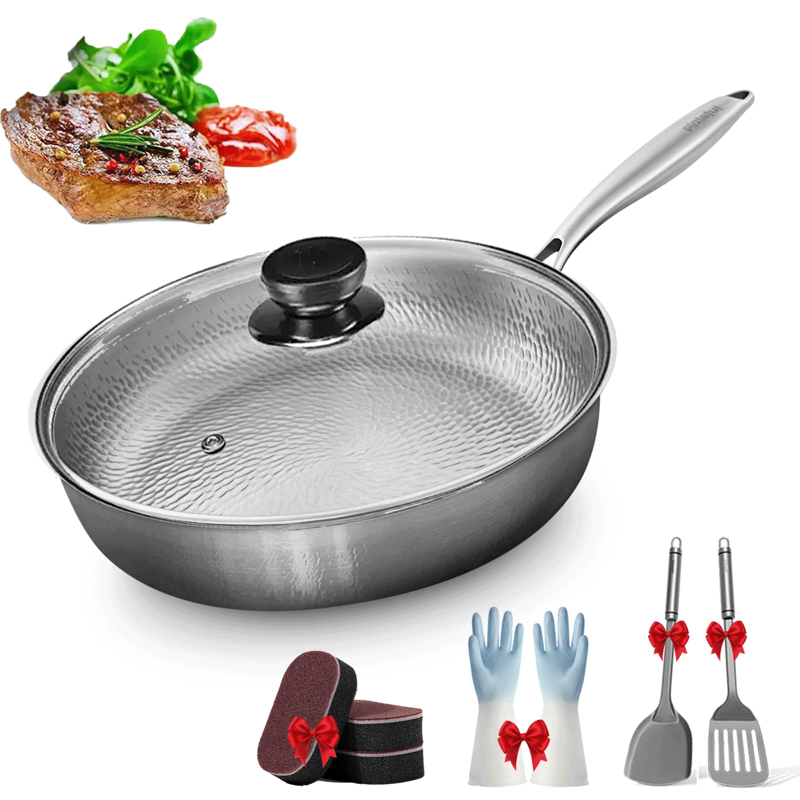 Sartén de Titanio, Sartén 100% Titanio Puro Sólido con Textura Martillada, Antiadherente sin Recubrimiento, Compatible con Inducción, Ligera y Duradera, Apta para Lavavajillas (With Lid,28 Cm)