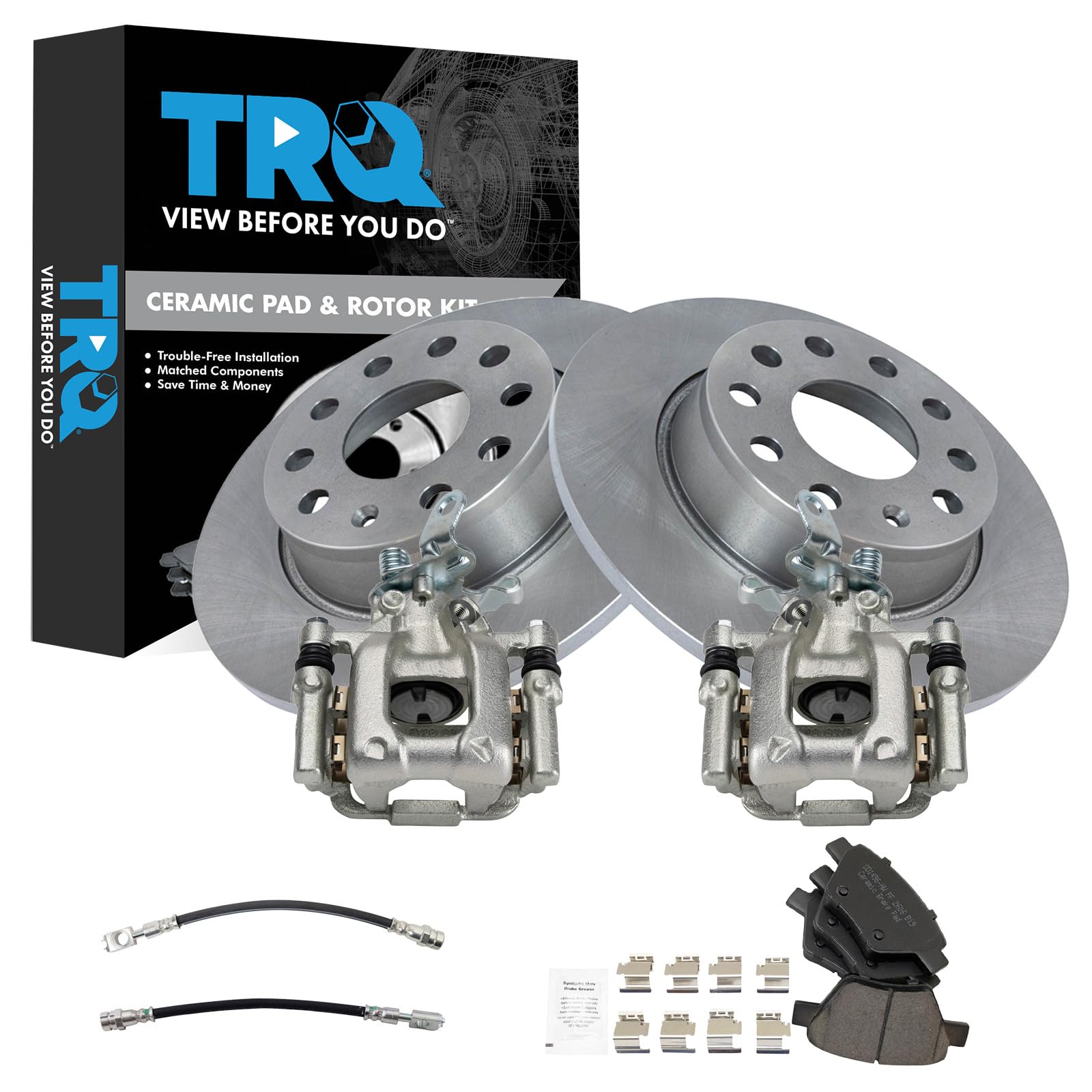 TRQ Rear Brake Pad and Rotor Set Ceramic Calipers Compatible with 2010-2013 Audi A3 2010-2013 A3 Quattro 2012 Volkswagen Beetle 2011-2016 Eos 2010-2014 Golf 2012-2013 GTI Jetta 2012-2015 Passat