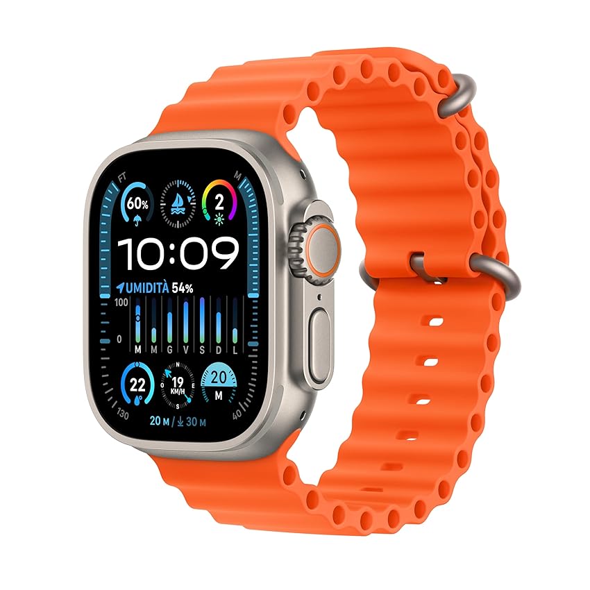 Immagine del prodotto Apple Watch Ultra 2 GPS + Cellular 49mm Smartwatch con robusta cassa in titanio e Cinturino Ocean arancione. Fitness tracker, GPS di precisione, tasto Azione, batteria a lunghissima durata