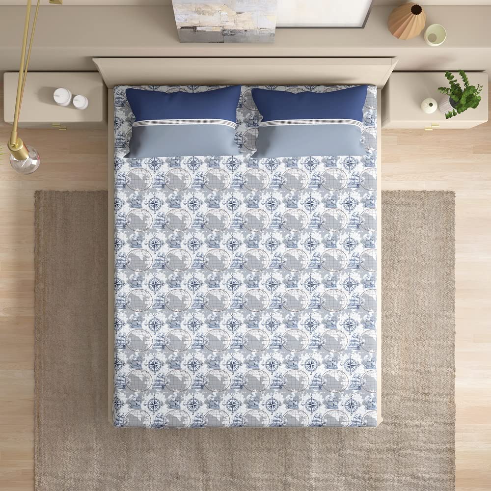 Wakefit Bedsheet for Double Bed, Elastic Fitted Bedsheets Double Bed Size, Double Bedsheet Cotton, Double Bedsheet, 144 TC 100% Cotton with 2 Pillow Covers (Elastic Fitted Sheet 72x48: Nautical)