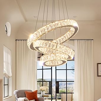 FRIXCHUR 3 Ring LED Chandelier Modern Crystal Chandeliers LED Pendant Lights Gold Ring Chandelier for Bedroom Dining Room High Ceiling Foyer 3000K Warm Light