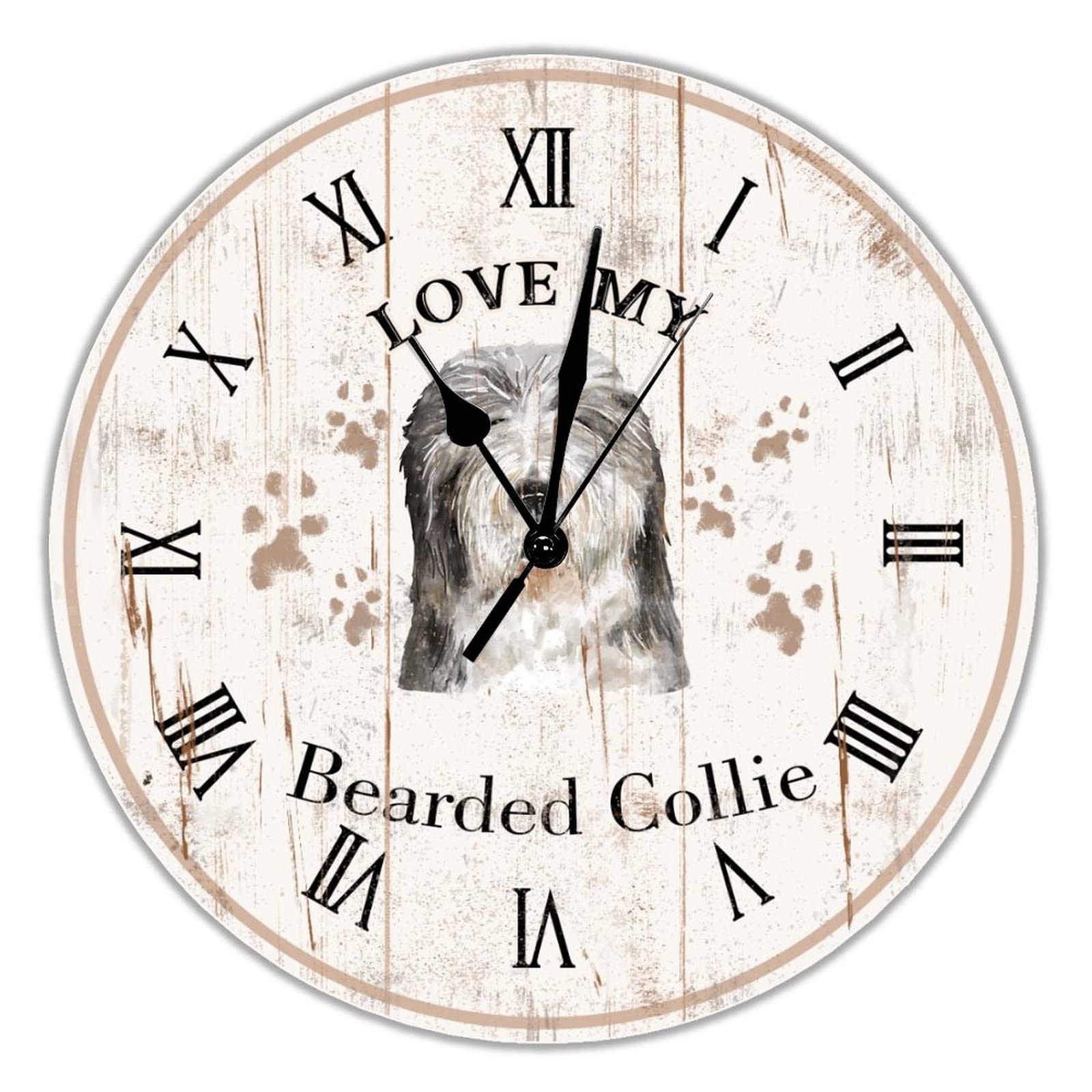 Horloge sans tic-tac Bearded Collie en bois 38 cm pour supprimer les bruits