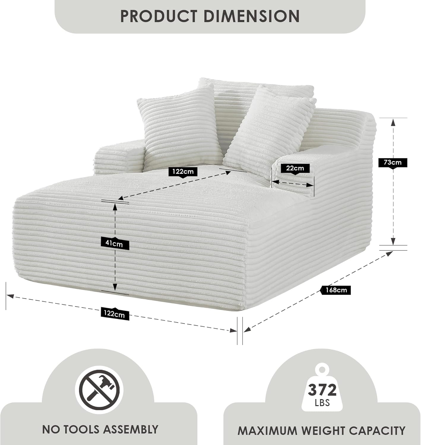 Cloudline Oversized Chaise Lounge Chair in Soft Corduroy, Modern Comfy Couch with Full Foam Cushioning, Cozy Sleeper Sofabed for Living Room, Bedroom, No Assembly Required, Ivory