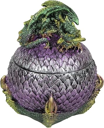 Everspring Hand Painted Green and Purple Sleeping Dragon On Egg Lidded Resin Trinket Box 5 Inches High