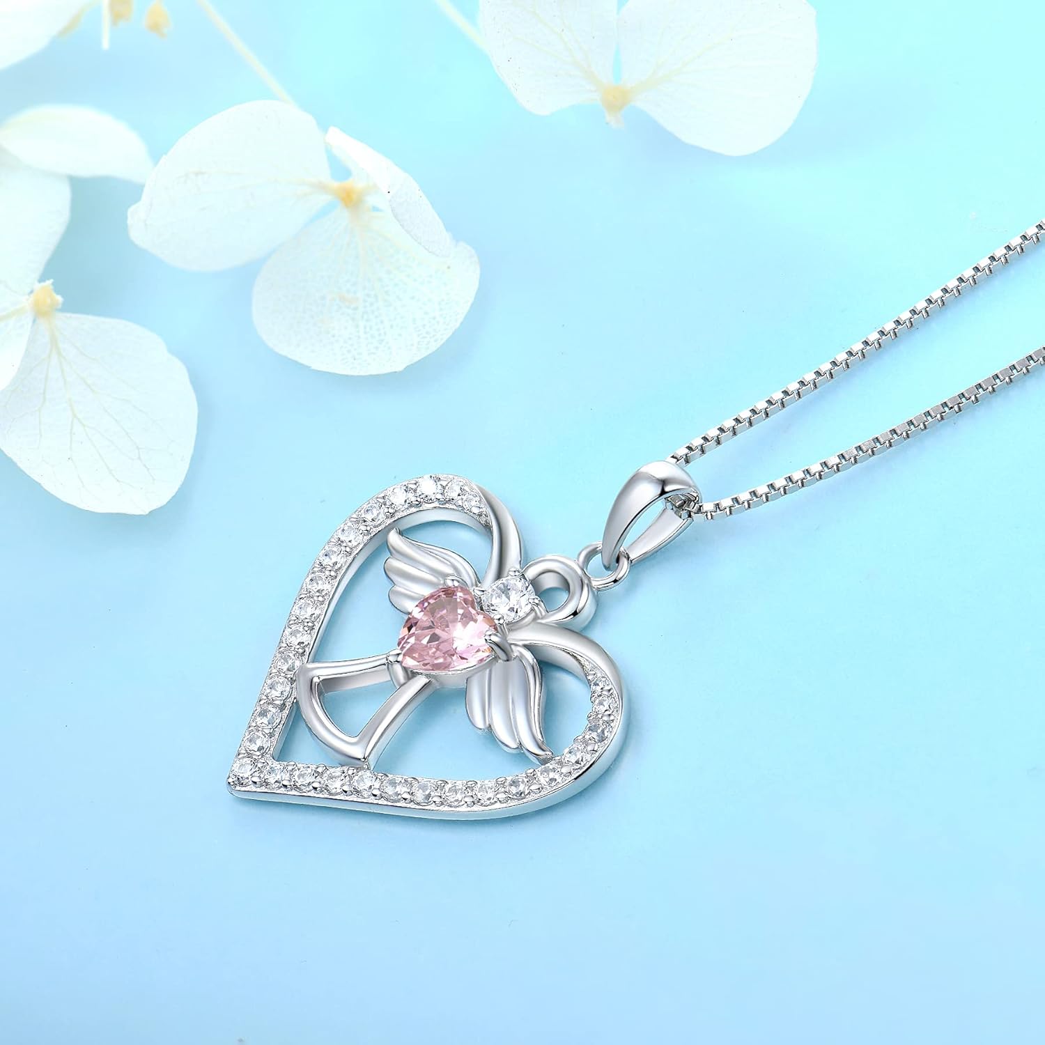 FJ Guardian Angel Necklace 925 Sterling Silver Heart Angel Wings Pendant Birthstone Jewelry for Women - Image 4