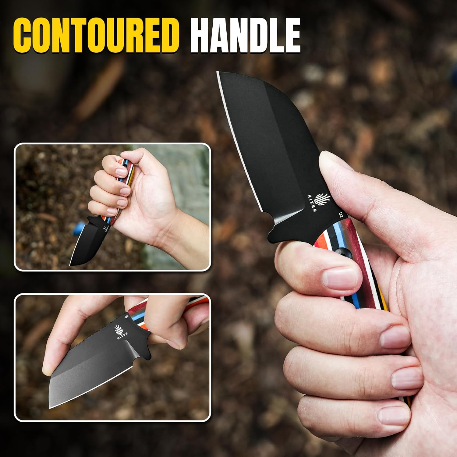 Kizer Deckhand Fixed Blade Knife with Sheath, D2 Blade Camping Knife G10 Handle, Fixed Blade EDC Knives for Men Women, Outdoor Hunting Hiking Survival Knives 1062M3