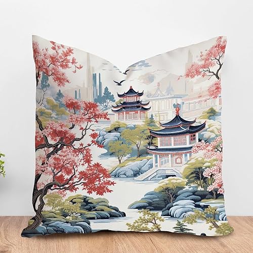 ArogGeld Funda de cojín decorativa con diseño de flor rosa coral de pagoda azul, chinoiserie, jardín, paisaje, chinoiserie, granja, funda de