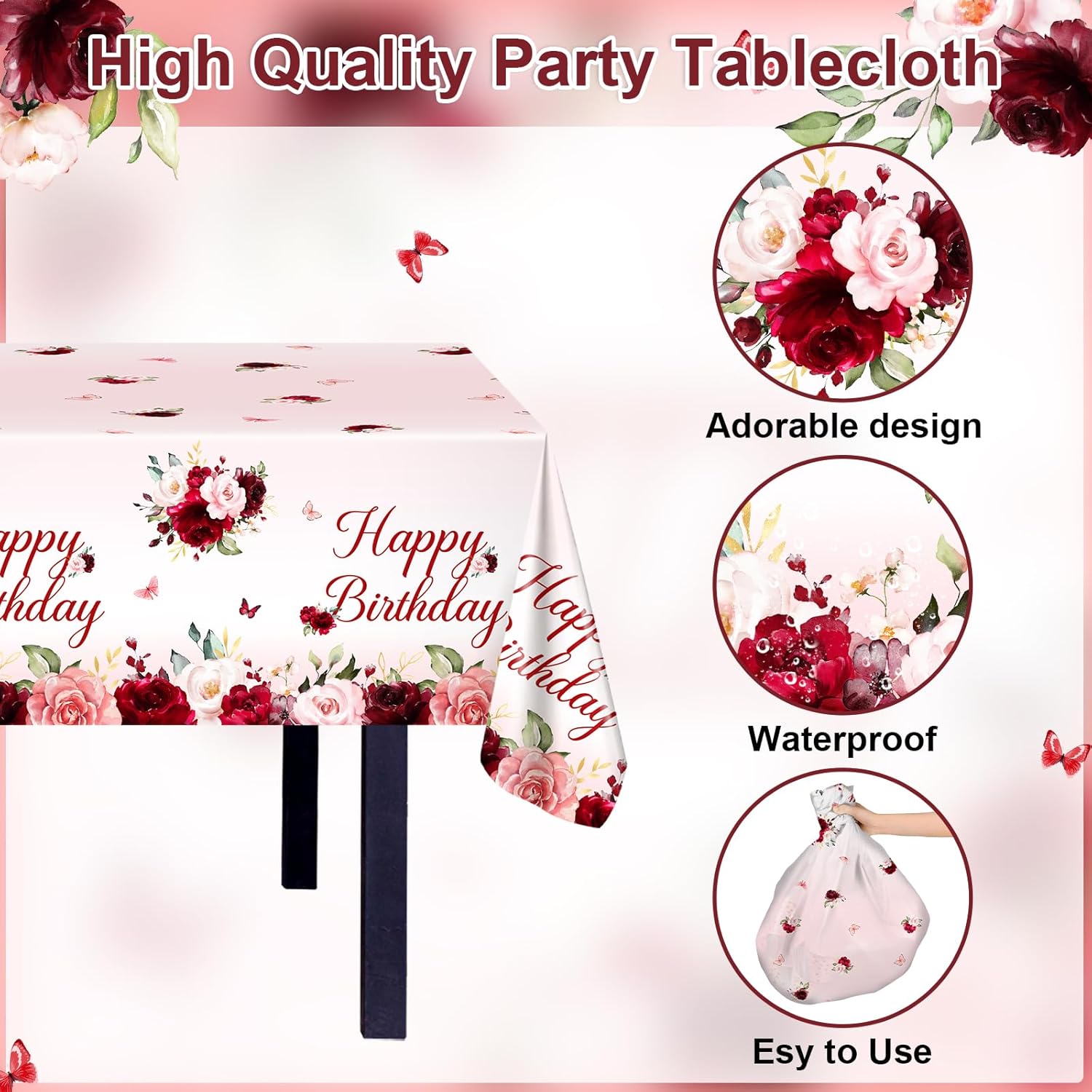 Avezano 3 pcs Burgundy Birthday Tablecloths 108x54 inch Red Pink Floral Birthday Party Decorations Burgundy Rose Bday Table Covers Disposable for Women Girls