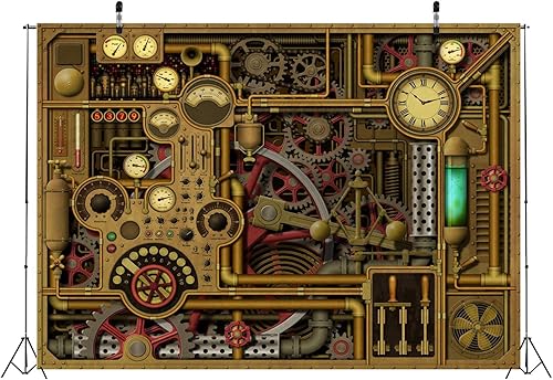 Miniatura 4 de BELECO Telón de fondo antiguo steampunk de tela de 12 x 8 pies, relojes retro de metal antiguo, diales, engranajes, engranajes, tuberías,