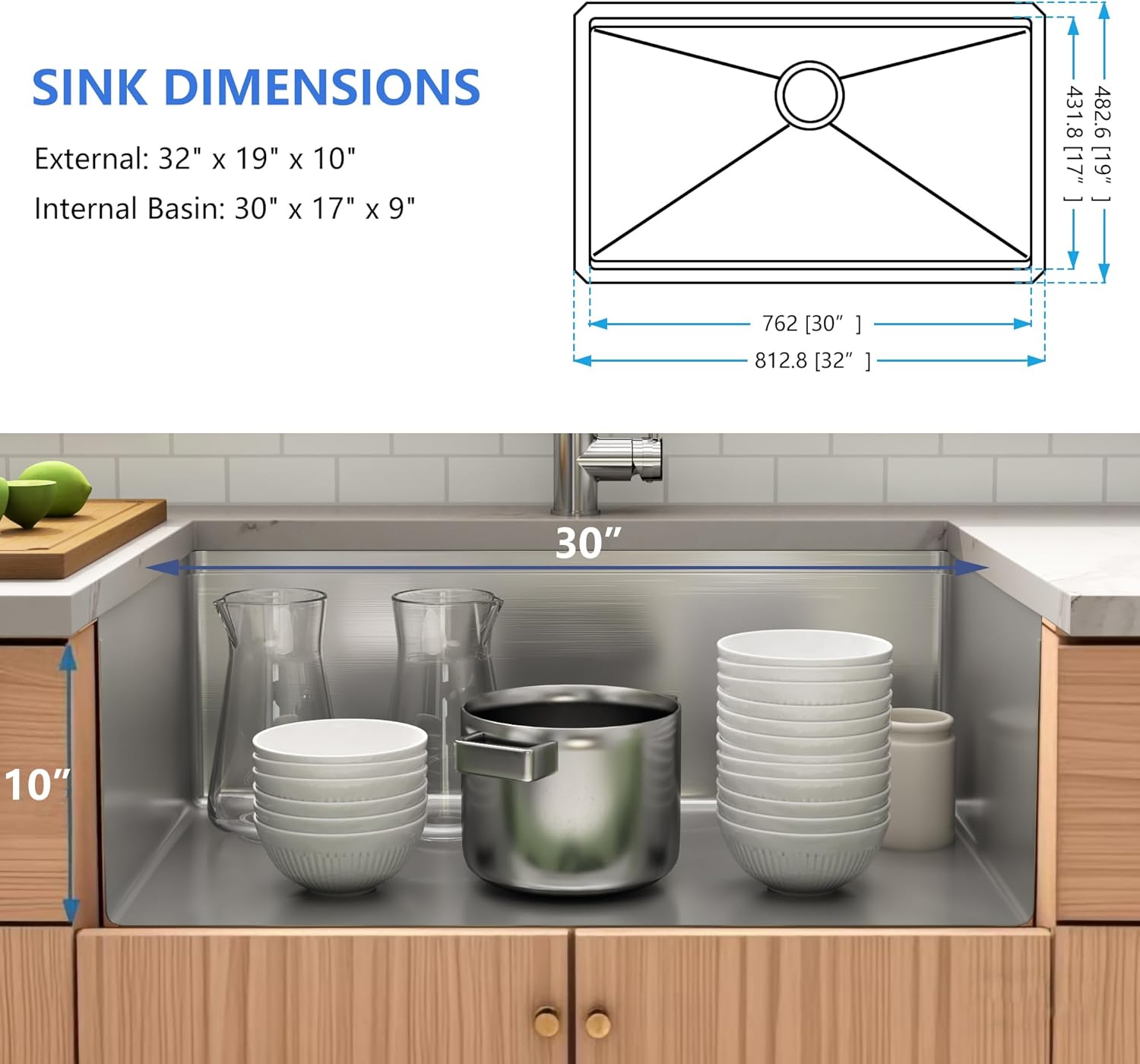 32 Inch Undermount Kitchen Sink,16 Gauge 304 Stainless Steel Kitchen Sink Single Bowl, 32"x19"x10" Undermount Sink Ledge Workstation Sinks With All Accessories, Large and Deep Sink