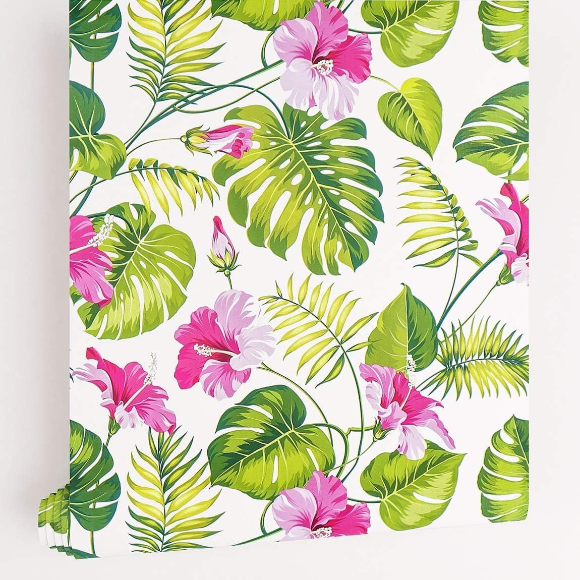 LACHEERY 17.7"x276" Green Leaf Wallpaper Peel and Stick for Bedroom Pink Cotton Rose Flower Contact Paper for Cabinets Botanical Monstera Deliciosa Removable Wallpaper Floral Tree Wall Decals Vinyl