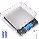 Small Digital Gram Scale 1000g by 0.01g, MEIYA High Accuracy Scale for Food Ounces and Grams, Upgrade USB Charging Kitchen Scale Digital Weight for Cooking, Baking, with Tare Function, 9 Units, 2 Tray