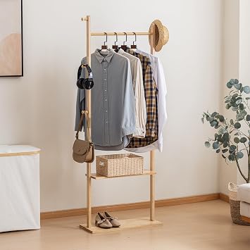 SOBIBO Clothes Rack Solid Wood Coat Rack with Shelves and Hooks Garment Clothing Rack Coat Rack with Storage for Hallway, Bedroom, Living Room, 23.6 inch, Nature