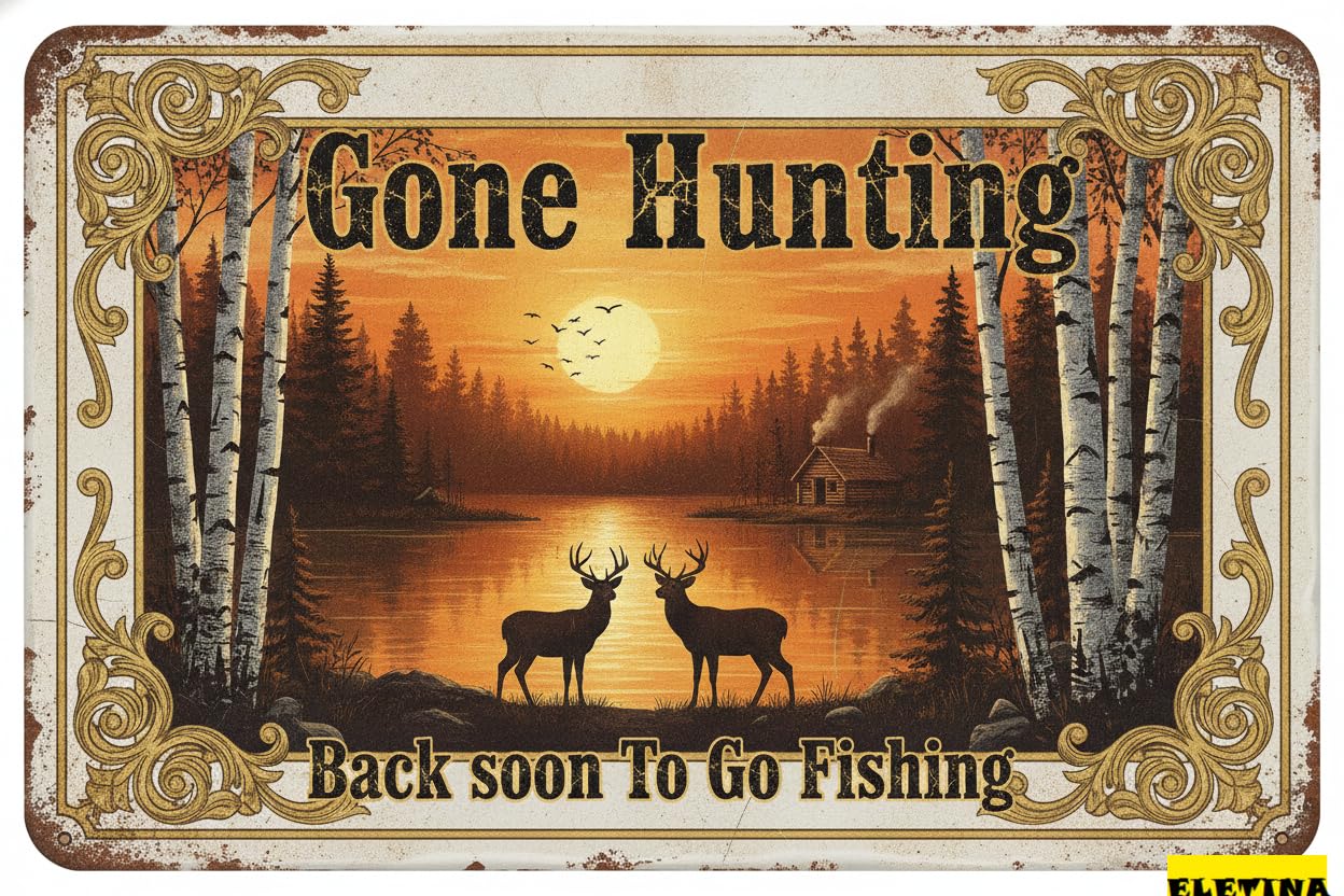 Personalized Sign for Man Cave Deer Metal Tin Gone Hunting Back Soon To Go Fishing Retro Funny Poster Club Living Room Kitchen Garage Store Home Art Wall Decor 12x8 Inch Private Property Decorative