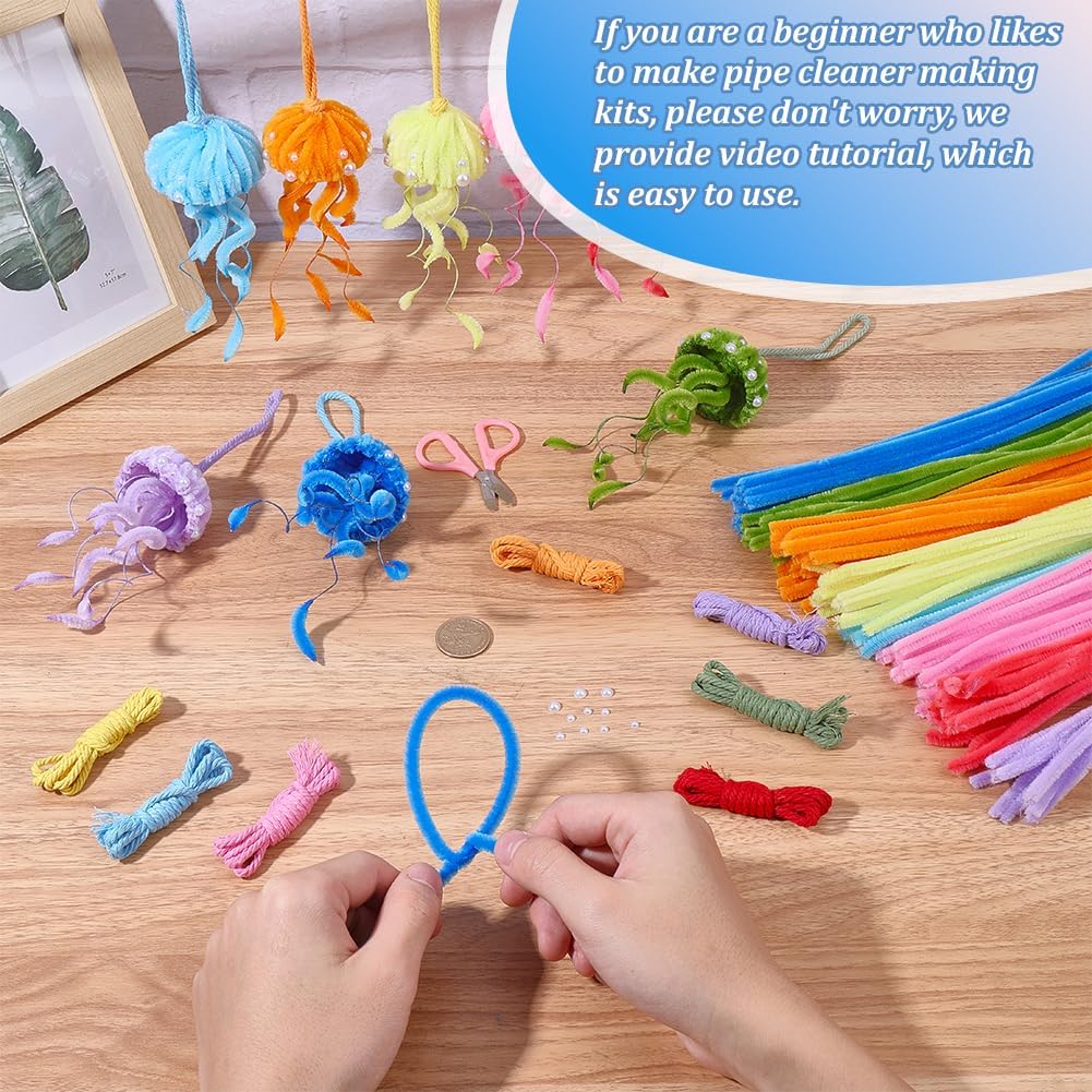 SUNNYCLUE DIY 8 Sets 312pcs Summer DIY Pipe Cleaner Kit Animal Pipe Cleaner Blue Pink Cute Ocean Sea Animal Life Jellyfish Fluff Chenille Stems Hanger Decors for DIY Creative Crafts Hanging Ornaments