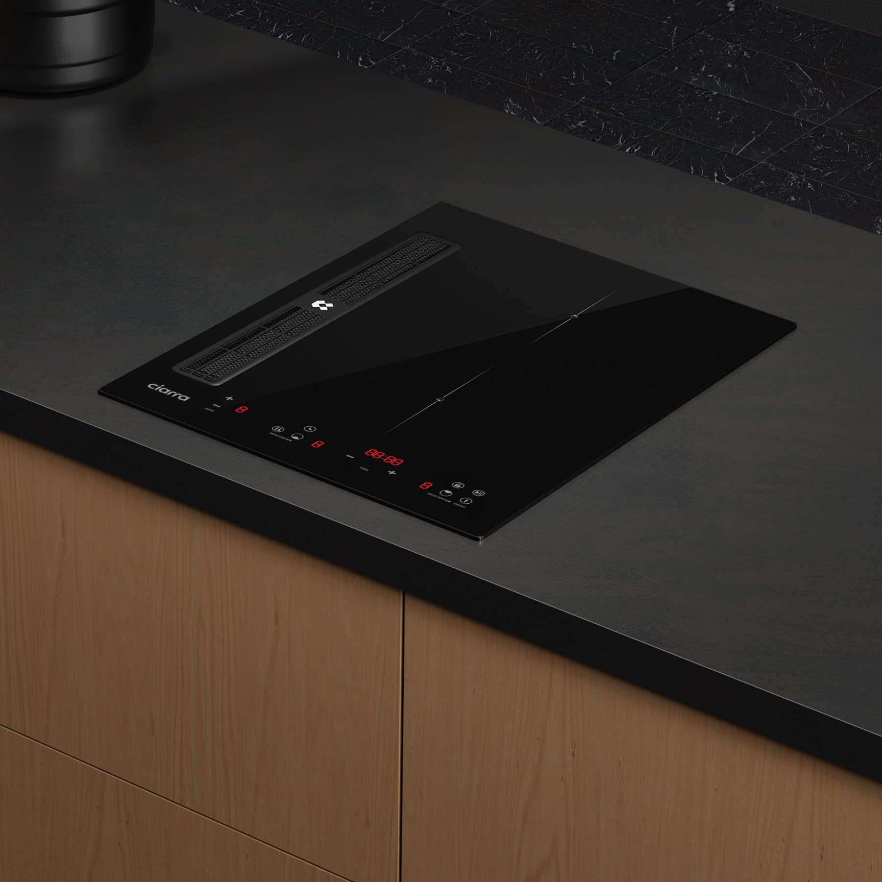 Ciarra Un piano cottura a induzione con cappa aspirante - 39 cm - 2800 W - 9 livelli di potenza - 460 m³/h - scarico o ricircolo - 4 velocità - filtrazione multipla - controllo touch - timer - blocco