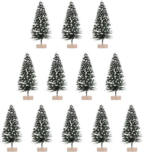 SOIMISS 12 miniárboles de Navidad, decoración de botellas, árboles, mesa, árbol de Navidad, árboles falsos de escarcha de nieve con base de madera
