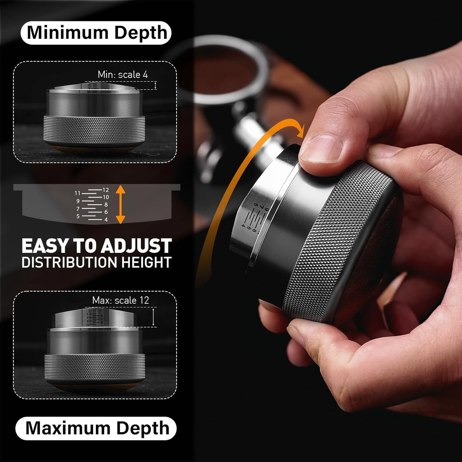 58mm Espresso Distributor | Adjustable Depth Fits All 58mm Espresso Portafilter | Breville/Rancilio/La Marzocco | Stainless Steel & Walnut Distribution Tools | Espresso Machine Accessories