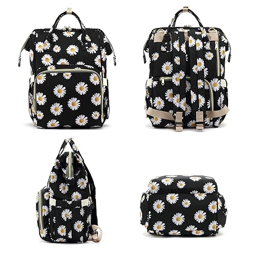 Miniatura 7 de Mochila de pañales con diseño floral para bebés, niñas y niños, bolsas de pañales para mamá con flores para mujeres (color negro margarita)