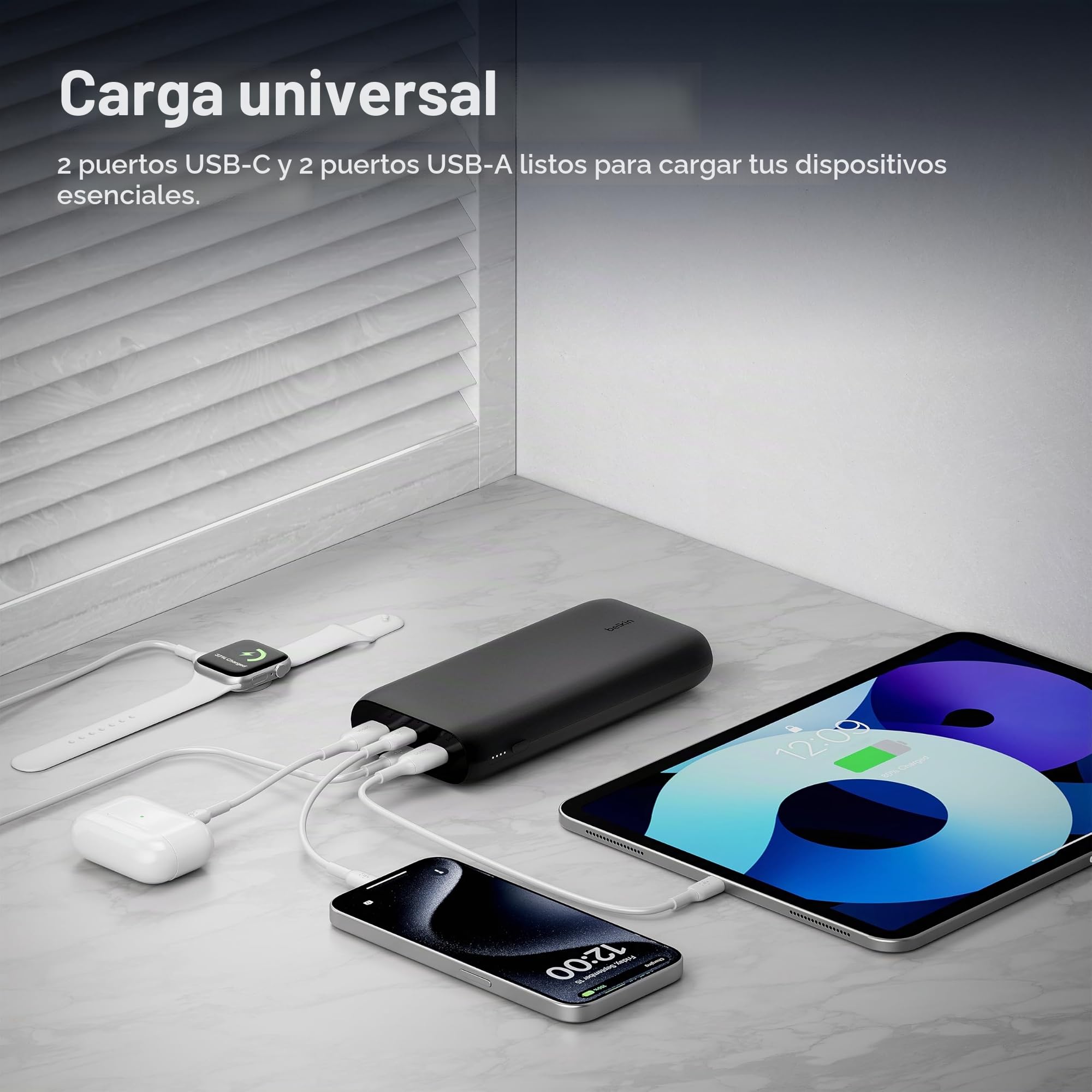Belkin BoostCharge Batería Externa 26000 mAh Carga Rápida USB - Negro | Power Bank de 26000 mAh, 2 Puertos USB-C y 2 USB-A, 32 W, Con Plástico Reciclado y Autorizada como Equipaje de Mano