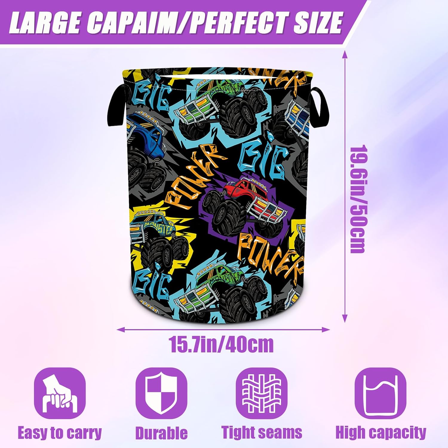 Monster Truck Laundry Basket Foldable Cool Car Laundry Hamper Tote Bag Storage Bucket Toy Organizer for Bathroom/Laundry/Bedroom（19.6x15.7inch）