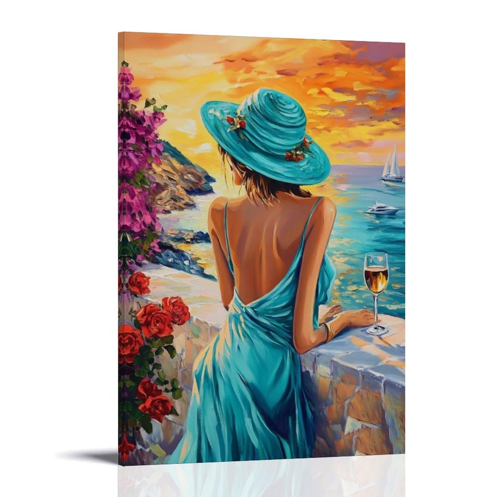 HUERYRYHY Sunset Wine on Mediterranean Terrace 04 Poster Wall Art Canvas Vintage Aesthetic Painting Decor for Rooms 24x36inch Frame-style