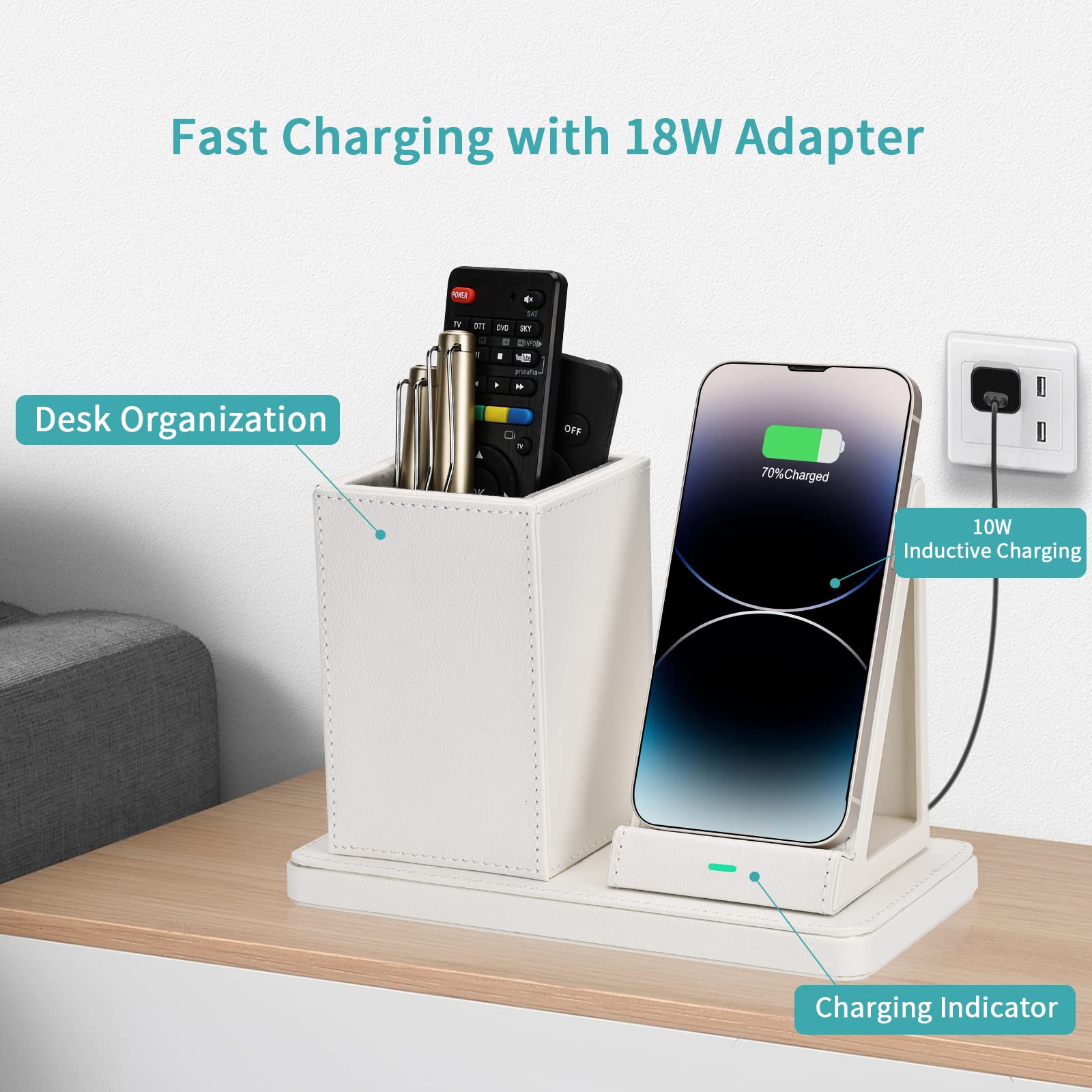 Wireless Charger with Desk Organizer, Wireless Charging Station for iPhone 14/14 Pro/13/12/11/Samsung Galaxy S23/S22/S21/S20/Note 20/Note 10, Wireless Charging Stand with Leather, White