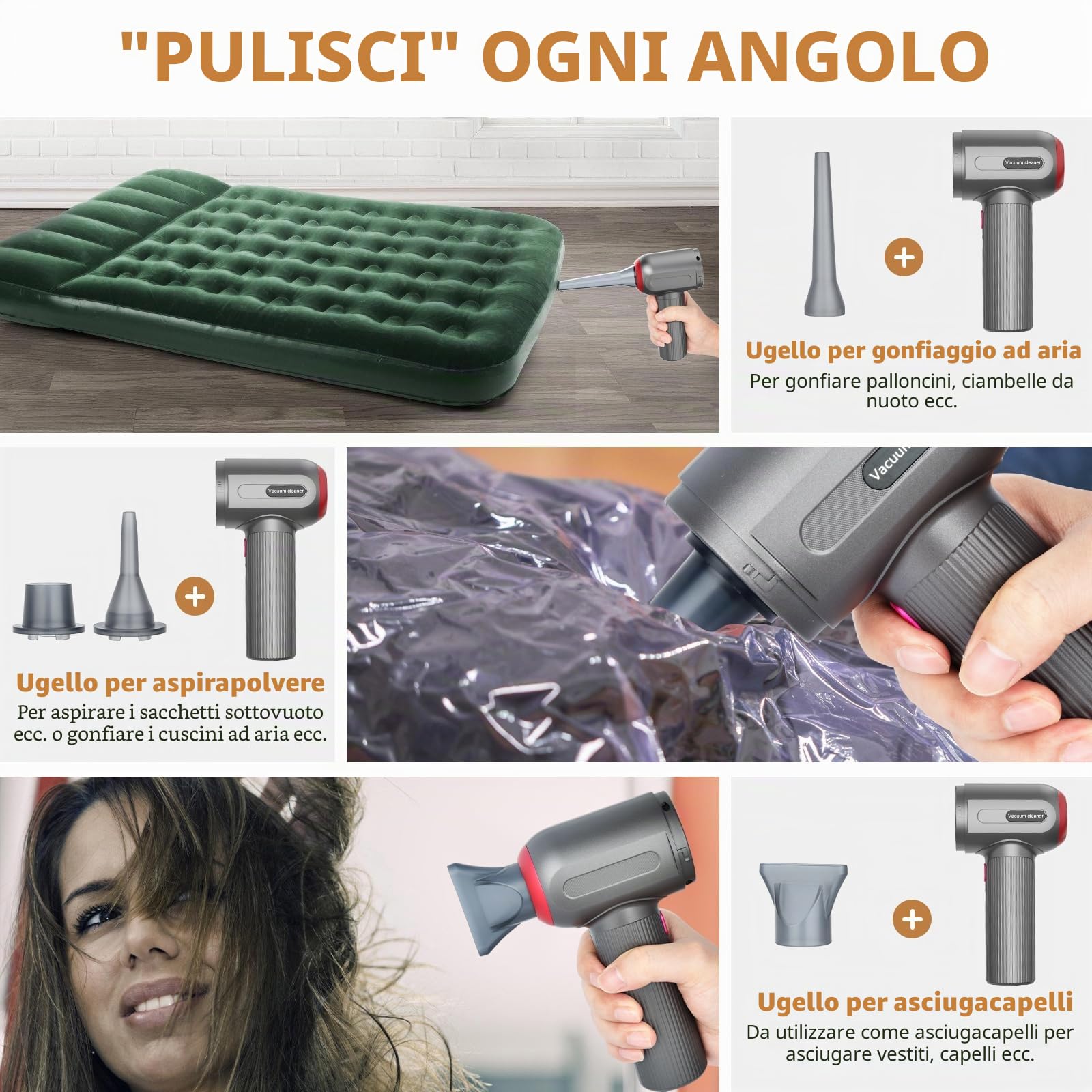 Tiazhan Aspirapolvere manuale, 9000 Pa, potente aspirapolvere a mano, 4 in 1, leggero soffiatore di polvere e aspirapolvere, display a LED, mini aspirapolvere ricaricabile USB, per auto (Grigio)