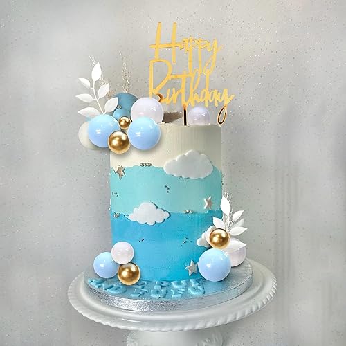 Miniatura 5 de Decoración de bolas azules para tarta, decoración bohemia de hierba para tarta, bolas de perlas azules, blancas y doradas, decoración de pastel de