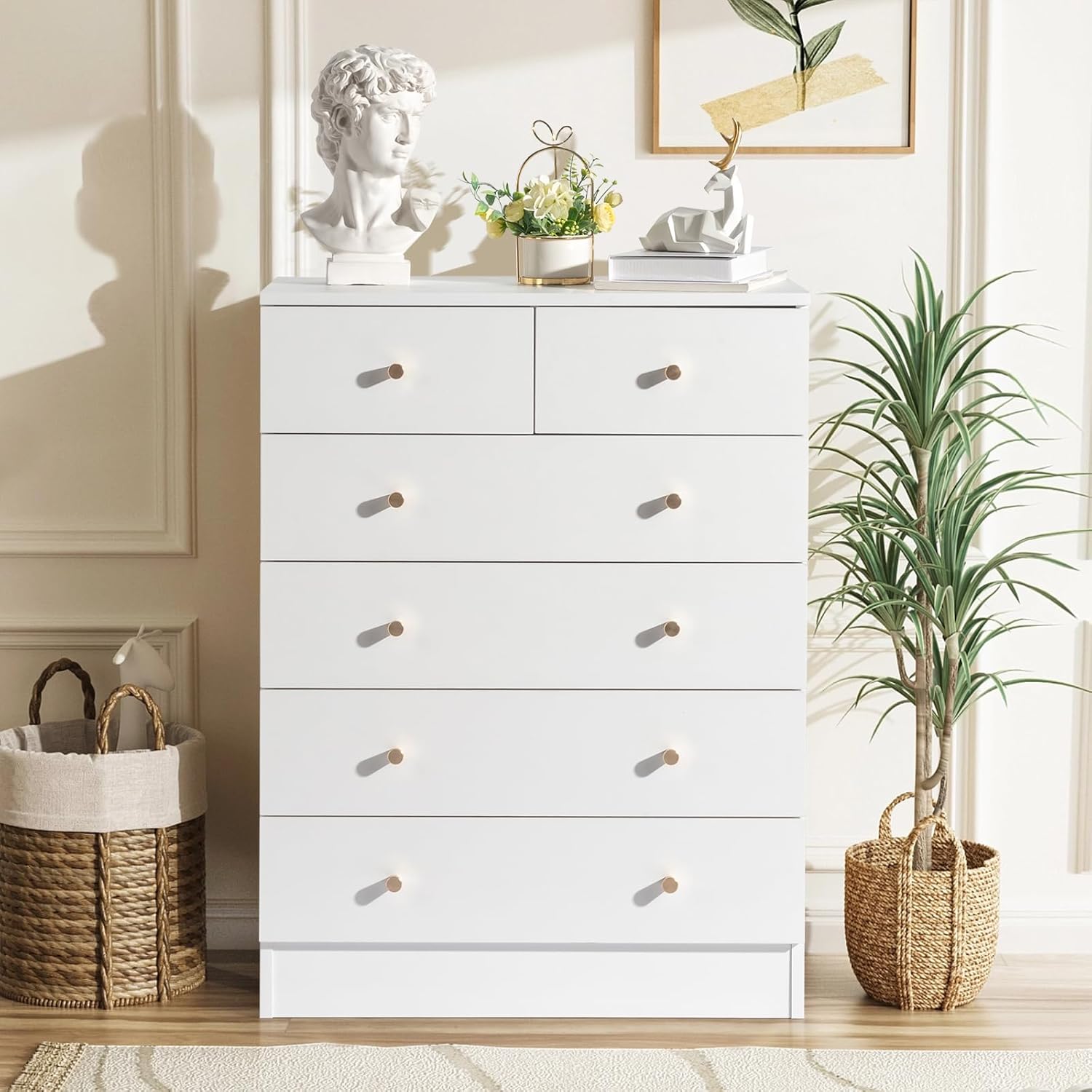 Wood Nightstand Bedside Table with 6 Drawers,Modern Drawer Wooden Storage Cabinet for Bedroom, Living Room, Hallway (White)