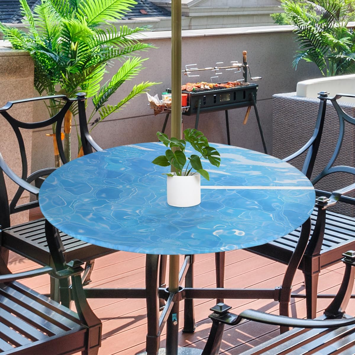 Fitted Round Tablecloth with Umbrella Hole and Zipper Ocean Outdoor Elastic Polyester Table Cloth 45"-56" Oil-Proof Waterproof Blue Water Patio Table Cover for Picnic Party