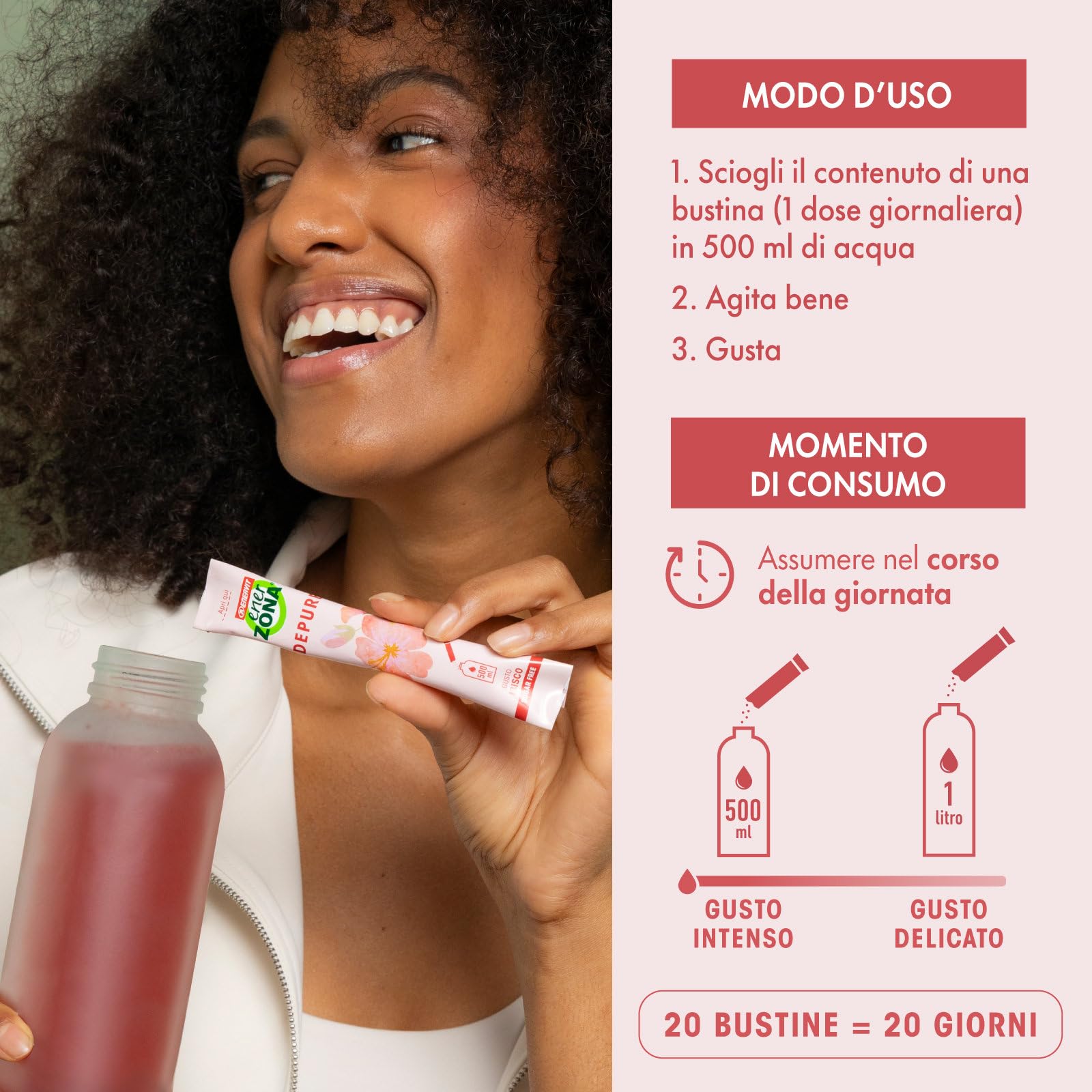 Enervit EnerZona Care Depure, Integratore Alimentare Drenante e Antiossidante, Funzione Depurativa, Riduce la Stanchezza, 20 Bustine, Zero Zuccheri e Zero Calorie, Gusto Ibisco, VeganOK, Senza Glutine