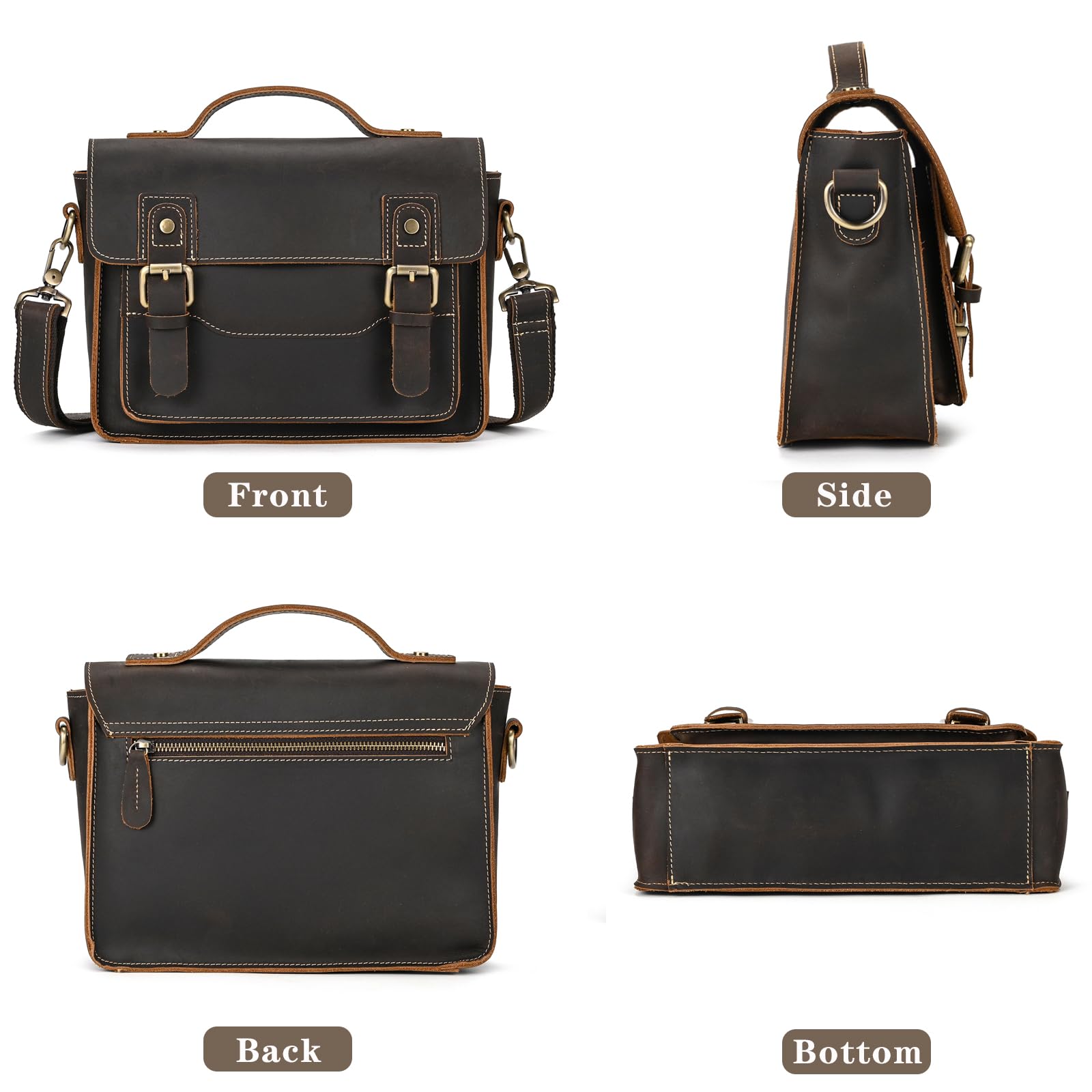 Bolso bandolera de piel auténtica para portátil de hasta 9,7 pulgadas con correa para el hombro, bolso de trabajo, bolso de mano, 9505 marrón oscuro, 9505 Marrón Oscuro